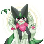 3_fingers anthro blush breast_curtains breasts claws female finger_claws fingers fur green_body green_fur green_hair hair looking_at_viewer mask nude pawpads paws pink_eyes solo fluffy_hinu nintendo pokemon felid feline felis generation_9_pokemon mammal meowscarada pokemon_(species) 1:1 hi_res