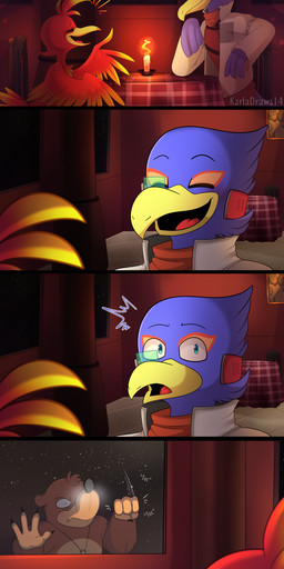 anthro beak being_watched black_nose blue_body blue_eyes blue_feathers brown_body brown_fur candle clothing crossover_ship date feathers female fur humor inside jacket jewelry looking_at_another male male/female necklace red_body red_feathers restaurant topwear visor window karladraws14 banjo-kazooie nintendo rareware star_fox super_smash_bros. super_smash_bros._ultimate banjo_(banjo-kazooie) falco_lombardi kazooie avian bear bird breegull brown_bear falcon falconid mammal ursine 2019 absurd_res comic crossover hi_res