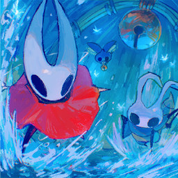 2_horns ambiguous_gender anthro bell biped cloak clothed clothing empty_eyes feral flying group horn melee_weapon red_cloak red_clothing running trio water weapon wings blipbugbug hollow_knight:_silksong hollow_knight_(franchise) team_cherry hornet_(hollow_knight) sprintmaster_swift arthropod 1:1 female_(lore) male_(lore)