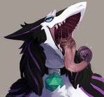 absurd_res black_body black_fur blue_eyes bodily_fluids buckle collar d20 dice drooling ears_back forked_tongue fur gaius_devore hi_res jewelry long_tongue looking_at_viewer male mouth_shot narrowed_eyes open_mouth open_smile pink_tongue pivoted_ears pupils purple_body purple_fur saliva saliva_on_tongue saliva_string salivating sergal slit_nostrils slit_pupils smile snout solo teeth thedisgustingchicken thedorkychicken tongue tongue_out white_body white_fur