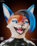 anthro anthro_focus atmospheric black_clothing blue_body blue_fur blue_hair bright_eyes cheerful cinematic close-up clothing colored_sclera detailed_eyes detailed_fur ears_up excited expressive eyelashes facial_expression fluffy_body fluffy_ears fur fur_markings fur_texture gradient_background green_eyes hair happy humanoid_face joyful latex looking_at_viewer markings mawplay mouth_shot multicolored_body multicolored_fur open_mouth orange_body orange_fur playful pupils realistic_fur simple_background slit_pupils smooth_skin solo teeth teeth_showing tongue tongue_out uvula white_body white_fur daytia c4d animal_humanoid humanoid rexouium 3d_(artwork) cinema_4d_(artwork) detailed digital_media_(artwork) hi_res portrait shaded soft_shading