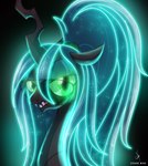 alternate_hairstyle black_background eyeshadow eyewear fangs female glasses glowing green_eyes green_eyeshadow green_hair hair horn long_hair looking_at_viewer makeup neon ponytail sharp_teeth simple_background solo sparkles teeth white_background zidanemina friendship_is_magic hasbro my_little_pony queen_chrysalis_(mlp) arthropod changeling absurd_res bust_portrait hi_res portrait