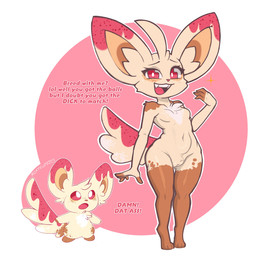 ahoge anthro arm_tuft big_ears breasts brown_body brown_inner_ear chest_tuft chibi crotch_tuft degradation dialogue digitigrade dipstick_ears duo ear_markings eyebrows fangs featureless_breasts female feral freckled_ears freckled_face freckled_tail freckles fur genitals glistening glistening_body hair inner_ear_fluff looking_at_viewer looking_up multicolored_ears navel nude nude_anthro nude_female open_mouth outline pink_background pokemorph red_body red_eyes red_nose red_sclera shoulder_tuft simple_background small_breasts smile smiling_at_viewer standing tail talking_to_viewer tan_body tan_fur tan_inner_ear_fluff teeth text thigh_highs_(marking) tuft vulva white_background white_body white_eyes white_fur white_outline defunctumbra roxykun fakemon nintendo pokemon canid canine fox generation_5_pokemon mammal minccino pokemon_(species) absurd_res english_text hi_res signature