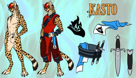 anthro claws clothed clothing dagger fur hair looking_at_viewer male melee_weapon nude off/on paws simple_background solo spots standing tail toe_claws weapon amocin skylords kasto_(skylords) cheetah felid feline mammal 2016 digital_media_(artwork) flat_colors model_sheet