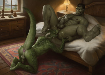 5_fingers 5_toes all_fours anal anthro anthro_rimming anthro_rimming_humanoid anus areola balls bed body_hair butt chest_hair duo erection feet fingers furniture genitals green_body green_skin hair horn humanoid_feet humanoid_genitalia humanoid_on_anthro humanoid_penis humanoid_pointy_ears humanoid_rimmed lying male male/male male_rimmed male_rimming male_rimming_male muscular muscular_humanoid muscular_male nipples nude on_back on_bed open_mouth oral pecs penis plantigrade pointy_ears rimming rimming_male scales sex smile soles spread_legs spreading tail toes tongue tongue_out tusks orcfun microsoft the_elder_scrolls argonian humanoid orc reptile scalie digital_media_(artwork) hi_res