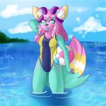 ball beach_ball clothing cloud ear_piercing female flesh_tunnel forest gauged_ear horn inflatable lake one-piece_swimsuit piercing plant sea solo spots swimwear text tongue tree water blew.ish fiji_(johann) canid canine fox mammal 1:1