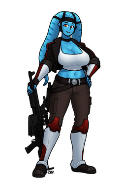 armor belt big_breasts blue_body blue_skin bottomwear breasts choker clothing collarbone crop_top eyebrows eyelashes female gun hand_on_hip jacket jewelry lekku_(anatomy) midriff navel necklace not_furry orange_eyes pants ranged_weapon shirt smile solo topwear weapon blazbaros star_wars alien alien_humanoid humanoid twi'lek 2026 hi_res