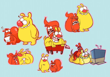 anthro biped duo electronics exclamation_point kissing male male/male open_mouth orange_body question_mark slightly_chubby television watching_television yellow_body cindork best_ed canid canine canis domestic_dog mammal rodent sciurid tree_squirrel 2026