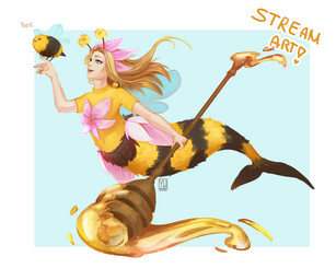 clothing female flower food honey_(food) honey_dipper plant shirt simple_background solo split_form stripes topwear yellow_clothing yellow_shirt yellow_topwear delusional_(artist) league_of_legends riot_games tencent nami_(lol) aquatic arthropod bee humanoid hymenopteran insect merfolk absurd_res hi_res
