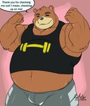 anthro belly black_nose bottomwear brown_body bulge clothing eyes_closed humanoid_hands male musclegut muscular overweight overweight_male pants shirt simple_background solo tank_top text topwear deadanthro animal_crossing nintendo teddy_(animal_crossing) bear mammal 2020 english_text