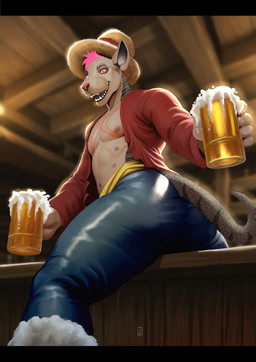 5_fingers alcohol anthro beer beer_mug beverage biped blue_bottomwear blue_clothing blue_pants bottomwear chest_scar clothed clothing container cosplay cross_pupils cross_scar cup facial_piercing fingers foam grey_body grey_markings hair hat headgear headwear holding_beer holding_beer_mug holding_beverage holding_container holding_cup holding_mug holding_object inside male markings mug multi_nipple navel nipples noise_filter nose_piercing nose_ring open_clothing open_shirt open_topwear pants piercing pink_hair pink_nipples pink_nose pink_scar red_clothing red_shirt red_topwear ring_piercing sash scar shirt simple_background sitting sitting_on_counter slim solo straw_hat teeth text topwear x_scar yellow_sash reiser one_piece bull_terrier canid canine canis domestic_dog hunting_dog mammal terrier 2026 absurd_res artist_name colored digital_drawing_(artwork) digital_media_(artwork) english_text film_grain hi_res shaded signature