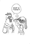 anthro breasts clothed clothing dialogue duo female fully_clothed fur simple_background speech_bubble text white_background cronch_potato beastars kyuu_(beastars) legom_(beastars) avian bird chicken domestic_rabbit galliform gallus_(genus) lagomorph leghorn_chicken leporid lop_rabbit mammal oryctolagus phasianid rabbit 2020 absurd_res black_and_white english_text hi_res monochrome