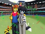 anthro australian_rules_football blue_eyes clothing duo fur hair looking_at_viewer male markings open_mouth public scarf screen smile sport stadium stripes teeth text tongue jamesfoxbr buckley saba canid canine canis domestic_dog felid mammal pantherine tiger 2013 digital_media_(artwork) hi_res shaded