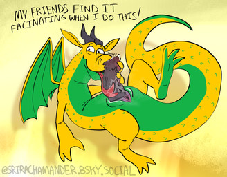 3_toes boasting bodily_fluids dialogue feet feral genital_fluids genitals green_body happy horn licking looking_at_viewer male messy midair musk musky_penis penis penis_sniffing precum self_lick sniffing solo text toes tongue wings yellow_body srirachamander mythology dragon mythological_creature mythological_scalie scalie english_text hi_res