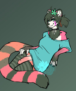 anthro blue_clothing blue_shirt blue_topwear bottomless breasts clothed clothing garter_straps genitals green_background gynomorph intersex legwear markings pattern_clothing pattern_legwear pattern_thigh_highs penis ring_(marking) ringed_tail shirt simple_background smile solo striped_clothing striped_legwear striped_markings striped_tail striped_thigh_highs stripes tail tail_markings thigh_highs topwear currypuppy jade_(mintflavoreddragon) ailurid mammal red_panda hi_res trans_(lore) trans_woman_(lore)