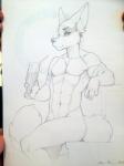 abs anthro bedroom_eyes bendy_straw beverage biped black_eyes drinking_straw eyebrows half-closed_eyes holding_glass holding_object looking_at_viewer male narrowed_eyes navel nude seductive simple_background sitting solo white_background wolfy-nail canid canine fox mammal 2015 3:4 hi_res sketch traditional_media_(artwork) watermark