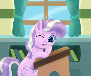 blue_eyes crown cutie_mark detailed_background female feral headgear mane multicolored_mane one_eye_closed purple_body school solo tiara tongue tongue_out two_tone_mane wink divifilly friendship_is_magic hasbro my_little_pony diamond_tiara_(mlp) earth_pony equid equine horse mammal pony 6:5 hi_res