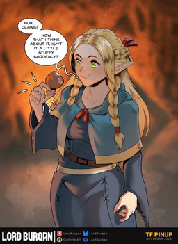 blonde_hair braided_hair breasts clothed clothed_female clothing dialogue dress eating female fully_clothed fully_clothed_female fungus hair humanoid_pointy_ears mushroom not_furry pointy_ears solo speech_bubble text lordburqan delicious_in_dungeon marcille_donato elf humanoid english_text hi_res