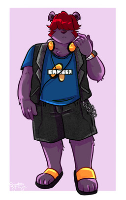 anthro biped black_bottomwear black_clothing black_nose black_shorts black_topwear black_vest bottomwear clothed clothing ear_piercing ear_ring electronics footwear front_view fur grey_body grey_fur hair hair_over_eyes headphones headphones_around_neck male piercing purple_clothing purple_shirt purple_topwear red_hair ring_piercing sandals shirt shoes short_hair shorts simple_background solo topwear vest syaokitty bear mammal 2026 hi_res