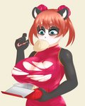 2020 4:5 5_fingers anthro areola asian_clothing bear big_breasts black_nose blush breast_expansion breasts clothing dodo_mpa dumplings east_asian_clothing expansion female fingers food food_in_mouth fur fur_growth giant_panda growth hair hi_res holding_object human_to_anthro looking_down mammal pawpads red_hair simple_background smile solo species_transformation surprise torn_clothing transformation