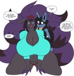 anthro big_breasts black_body black_fur black_hair black_highlights blue_body blue_fur breasts claws cleavage clothed clothed_anthro clothed_female clothed_male clothing dialogue duo eyeshadow female fur grey_body grey_fur hair highlights_(coloring) huge_breasts kneeling long_hair makeup male male/female multicolored_body multicolored_fur multicolored_hair purple_claws purple_eyeshadow purple_hair red_clothing red_thong red_underwear size_difference speech_bubble tan_body tan_fur teal_clothing teal_eyes teal_topwear text thick_thighs thong topwear two_tone_body two_tone_fur two_tone_hair underwear dewwydarts nintendo pokemon dart_(dewwydarts) nea_(dewwydarts) generation_4_pokemon generation_5_pokemon lucario pokemon_(species) shiny_pokemon zoroark 2025 english_text hi_res