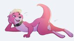 anthro anus backsack balls biped collar collar_only collarbone fur genitals male nude pink_body pink_fur pose solo trevart ottah mammal mustelid otter 16:9 2021 4k absurd_res hi_res pinup widescreen