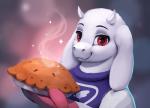 albino anthro blurred_background dessert eyebrows eyelashes female food fur holding_food holding_object holding_pie horn long_ears looking_at_viewer mature_anthro mature_female pastry pie red_eyes smile solo white_body white_fur rodrigues404 undertale undertale_(series) toriel boss_monster_(undertale) bovid caprine mammal