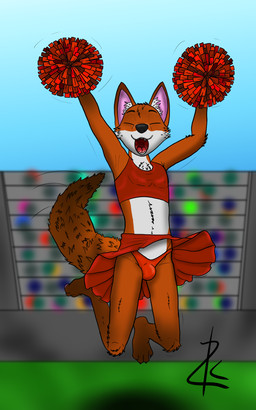 bottomwear bulge cheering cheerleader cheerleader_outfit cheerleading_pose clothed clothing crossdressing dipstick_ears dipstick_tail ear_markings eyes_closed fur gloves_(marking) jumping leg_markings male markings motion_lines multicolored_body multicolored_ears open_mouth orange_body orange_fur panties pom_poms red_bottomwear red_clothing red_panties red_shirt red_skirt red_topwear red_underwear shirt skirt socks_(marking) solo stadium tail tail_markings topwear underwear wardrobe_malfunction white_body white_fur zk-fur canid canine fox mammal red_fox true_fox 5:8 hi_res