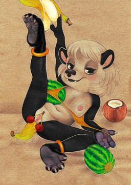 4_fingers 4_toes anal anal_penetration anklet anthro areola banana banana_in_ass bedroom_eyes bikini bikini_top black_body black_fur black_lips black_nose bottomless cherry claws clitoris clothed clothing coconut drupe_(fruit) erect_clitoris fangs feet female fingers flat_chested food food_fetish food_in_ass food_insertion food_play fruit fur genitals hair improvised_sex_toy jewelry leaning leaning_backward lips loli looking_at_viewer melon mostly_nude multicolored_body multicolored_fur narrowed_eyes navel nipples object_insertion on_ground pawpads paws penetration plant presenting raised_leg seductive sitting slightly_chubby smile soles solo spread_legs spreading swimwear teeth toes two-piece_swimsuit two_tone_body two_tone_fur urethra vulva watermelon white_body white_fur white_hair young young_anthro young_female fuchs bear giant_panda mammal hi_res traditional_media_(artwork)