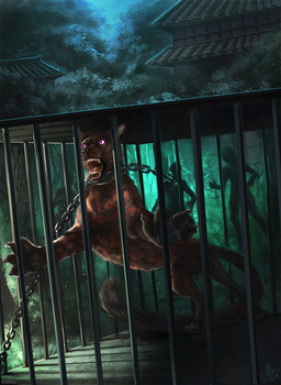 ambiguous_gender bars bound building cage captured chain cuff_(restraint) feral group house long_tail open_mouth outside plant prison_bars prison_cell prisoner purple_eyes restraints shackles solo_focus tail teeth tongue tree aurru felid human mammal 2018 digital_media_(artwork) hi_res
