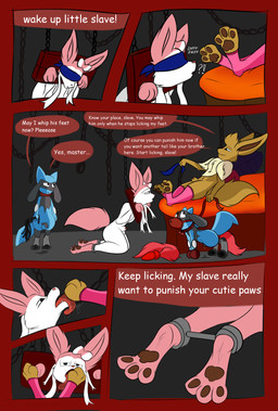3_toes anal anthro balls bdsm blindfold bodily_fluids bondage bound buttplug buttplug_tail chastity_cage chastity_device clothing dialogue dungeon fake_tail feet femboy foot_fetish foot_lick foot_play footwear genital_fluids genitals group leash legwear licking male muzzle_(object) pawpads penis petplay plug plug_(sex_toy) precum precum_on_ground punishment restraints roleplay sex_toy slave socks stockings stocks stuck text toes tongue tongue_out whip evilpaw_(artist) nintendo pokemon eevee eeveelution generation_1_pokemon generation_4_pokemon generation_6_pokemon pokemon_(species) riolu sylveon absurd_res comic english_text hi_res