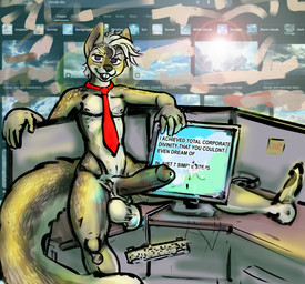 accessory anthro balls big_balls big_penis bodily_fluids clothed clothing computer_monitor computer_mouse cum erection genital_fluids genitals male mostly_nude necktie necktie_only office partially_clothed penis purple_eyes solo squirrel_tail text cool. fallow_llewellyn mammal rodent sciurid tree_squirrel english_text hi_res