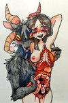 anthro black_body black_fur blood blood_on_hand blush bodily_fluids bone breast_tissue breast_torture breasts crying duo exposed_bone exposed_breast_tissue exposed_organs fatal_wound female fluffy fur gore gore_focus guts gutted hand_behind_head horizontal_pupils horn intestines liver masochism mutilation nude open_mouth open_smile organs pupils ribs simple_background smile snuff stomach tears sxckbug bovid caprine goat human mammal