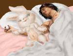 anthro bed bed_sheet bedding blue_eyes duo female fur furniture male navel on_bed russian what white_body white_fur funimal mousetache sochi_2014 zaika hare human lagomorph leporid mammal