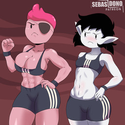 4_fingers abstract_background athletic_wear big_breasts black_eyes black_hair blush bottomwear bra breast_envy breasts bulging_breasts candy clothing curvy_figure dessert dot_eyes duo eye_patch eyewear female fingers food frown glistening glistening_body glistening_skin grey_body grey_skin gym_bottomwear gym_shorts hair humanoid_pointy_ears midriff navel not_furry pink_body pink_hair pink_skin pointy_ears short_hair shorts simple_eyes simple_face small_breasts sports_bra text thick_thighs underwear voluptuous voluptuous_female voluptuous_humanoid wide_hipped_female wide_hipped_humanoid wide_hips sebasdono adventure_time cartoon_network fionna_and_cake fionna_and_cake_(franchise) sports_bra_difference_meme marceline_abadeer princess_bubblegum candy_humanoid candy_people_(at) demon demon_humanoid food_creature food_humanoid humanoid living_candy living_gum vampire 2023 absurd_res artist_name digital_drawing_(artwork) digital_media_(artwork) hi_res watermark