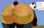 anthro big_butt bottomwear butt clothing green_eyes huge_butt huge_thighs male pants solo speech_bubble text thick_thighs tight_bottomwear tight_clothing tight_pants shikapandakuma dreamworks kung_fu_panda master_po_ping bear giant_panda mammal english_text