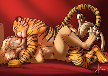 anthro anthro_on_anthro bed between_legs blue_eyes brown_pawpads closed_smile duo fur furniture kissing lying male male/male mane markings mouth_closed narrowed_eyes on_back on_bed on_top orange_body orange_fur pawpads side_view smile striped_arms striped_body striped_fur striped_legs striped_markings striped_tail stripes tail tail_markings tan_body tan_fur tan_mane whiskers white_body white_fur hufnaar felid lion mammal pantherine tiger 2018 dated