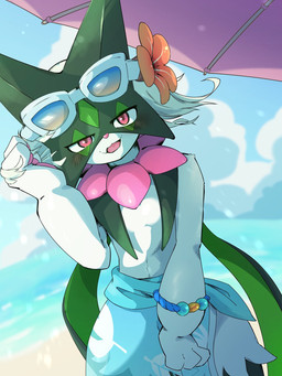 ambiguous_gender anthro beach beach_umbrella blush blush_lines cloud eyewear fangs flower_accessory fur green_body green_fur green_hair hair looking_at_viewer open_mouth parasol pawpads pink_eyes pokemorph sea sky solo sunglasses teeth tongue water s2o3_chio nintendo pokemon beach_style_meowscarada generation_9_pokemon meowscarada pokemon_(species) 2025 hi_res