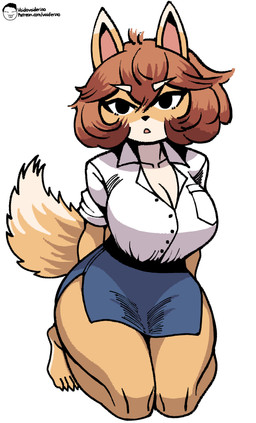 anthro big_breasts biped black_eyes black_nose blue_bottomwear blue_clothing blue_skirt bottomwear breasts brown_hair clothed clothed_anthro clothed_female clothing collared_shirt dipstick_ears dipstick_tail ear_markings eyebrows eyelashes feet female female_anthro fluffy fluffy_tail fur hair hands_behind_back kneeling looking_at_viewer markings multicolored_body multicolored_ears multicolored_fur open_mouth orange_body orange_fur orange_tail pink_inner_ear pointy_ears rolled_up_sleeves shirt simple_background skirt solo tail tail_markings text thick_thighs toes topwear white_background white_body white_clothing white_ear_tips white_eyebrows white_fur white_shirt white_tail_tip white_topwear wide_hips voider_(artist) bully_fox canid canine fox mammal 2025 absurd_res artist_name digital_drawing_(artwork) digital_media_(artwork) hi_res url