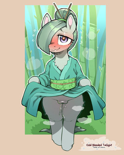 asian_clothing bamboo blush bodily_fluids clothed clothing detailed_background east_asian_clothing eyelashes female feral fur genital_fluids genitals grey_body hair hair_bun japanese_clothing kimono kimono_only logo looking_at_viewer no_underwear outside pupils semi-anthro smile solo standing text vaginal_fluids vulva cold-blooded-twilight friendship_is_magic hasbro my_little_pony marble_pie_(mlp) equid equine mammal 2025 4:5 artist_logo english_text hi_res