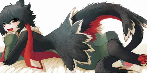 ambiguous_anthro ambiguous_gender anthro bed_sheet bedding black_nose black_tail dakimakura floppy_ears fur green_body green_fur hair leg_markings lop_ears lying markings multicolored_tail on_front open_mouth open_smile pawpads red_body red_ears red_eyes red_fur red_pawpads red_tail red_tongue short_hair smile socks_(marking) solo tail tongue white_body white_fingers white_fur jejejunum mythology robin_(jejejunum) canid canine dragon furred_dragon furred_scalie hybrid mammal mythological_creature mythological_scalie scalie 2025 dakimakura_design digital_media_(artwork) digital_painting_(artwork) hi_res painting_(artwork) shaded