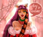 blue_eyes breasts female fusion hair holidays lips looking_at_viewer one_eye_closed purple_hair red_lips solo text madammoanster christmas mattel monster_high cleo_de_nile cleolei toralei_stripe animal_humanoid cat_humanoid felid felid_humanoid feline feline_humanoid humanoid mammal mammal_humanoid werecat werecreature werefelid werefeline english_text