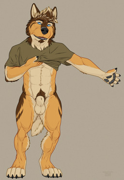 4_toes 5_fingers abs animal_genitalia anthro athletic athletic_anthro athletic_male ball_tuft balls black_nose blue_eyes body_hair bottomless brown_body brown_fur clothed clothing digitigrade_paws dressing_self facial_hair feet fingers front_view fur genitals goatee green_clothing green_shirt green_topwear happy_trail looking_at_viewer male sheath shirt simple_background smile smiling_at_viewer solo standing tail tan_body tan_fur toes topwear tuft yellow_body yellow_fur rekkidoggo rex_(rekkidoggo) canid canine canis domestic_dog mammal hi_res