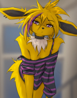 anthro biped breasts choker clothed clothed_anthro clothed_female clothing female front_view fur hair inner_ear_fluff jewelry looking_at_viewer necklace pantsless pantsless_anthro pantsless_female partially_clothed partially_clothed_anthro partially_clothed_female purple_eyes solo standing tuft yellow_body yellow_fur tinygaypirate nintendo pokemon eeveelution generation_1_pokemon jolteon pokemon_(species) 2026 absurd_res digital_drawing_(artwork) digital_media_(artwork) hi_res