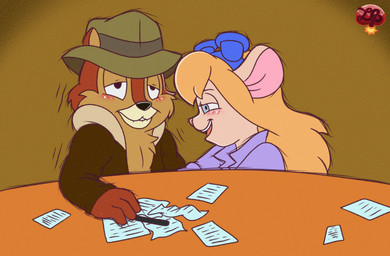 anthro bedroom_eyes bite biting_lip biting_own_lip blue_eyes blush brown_body clothed clothing coat duo eyewear eyewear_on_head female fur furniture goggles goggles_on_head hair hat headgear headwear implied_handjob looking_at_another looking_pleasured male male/female narrowed_eyes open_mouth overalls paper pen seductive self_bite simple_background sitting smile table teeth topwear writing_utensil ladycherrybomba chip_'n_dale_rescue_rangers disney chip_(disney) gadget_hackwrench chipmunk ground_squirrel mammal mouse murid murine rodent sciurid digital_media_(artwork) hi_res