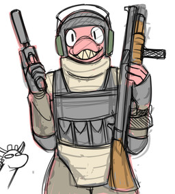 anthro armor body_armor bulletproof_vest clothed clothed_anthro clothed_female clothing earmuffs female fingerless_gloves fingers gloves gun handwear headgear helmet holding_gun holding_object holding_ranged_weapon holding_weapon humanoid_hands looking_at_viewer pink_body ranged_weapon sharp_teeth simple_background smile solo teeth weapon white_background mike_jeb linda_(mike_jeb) lizard reptile scalie absurd_res colored colored_sketch half-length_portrait hi_res portrait sketch