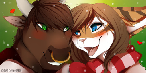 2013 <3 blue_eyes blush bovine brown_hair bust christmas couple cute densetsu_tenspirits duo facial_piercing feline female green_eyes hair holidays horn hybrid icon lagomorph love lycangel male mammal minotaur nose_piercing nose_ring open_mouth piercing rabbit rebel_born romantic scarf smile snow strider_auroch the_spiner tiger winter
Rating: Safe
Score: 25
User: Numeroth
Date: December 06, 2013