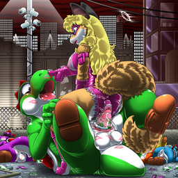 anthro anthro_on_anthro areola balls blonde_hair blue_body blue_eyes blush breasts broken_condom brown_body brown_fur condom cowgirl_position duo_focus female female_on_top filled_condom from_front_position fur genitals green_body group hair interspecies kiss_mark lipstick makeup male male/female male_on_bottom male_penetrating multicolored_body multicolored_fur nipples on_bottom on_top open_mouth orange_body penetration penis plushie-like purple_body safe_sex sex sexual_barrier_device tail teeth tongue two_tone_body two_tone_fur vaginal vaginal_penetration wearing_condom white_body white_fur yellow_body kitsune_youkai condom_crusader_(series) mario_bros nintendo firecat rubber_lass canid canine cyan_yoshi fox green_yoshi mammal orange_yoshi purple_yoshi red_fox reptile scalie true_fox yellow_yoshi yoshi 1:1 2018