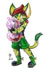 anthro balloon bottomwear clothing female fur green_body green_fur holding_balloon holding_object inflatable kerchief midriff one_eye_closed shorts solo yellow_eyes not-fun freedom_planet galaxytrail carol_tea felid feline felis mammal wildcat 2015