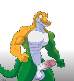 abs anthro embarrassed genitals male muscular muscular_anthro muscular_male pecs penis solo vein veiny_penis nohum glitch_productions the_amazing_digital_circus gummigoo_(tadc) alligator alligatorid crocodile crocodilian reptile scalie absurd_res hi_res